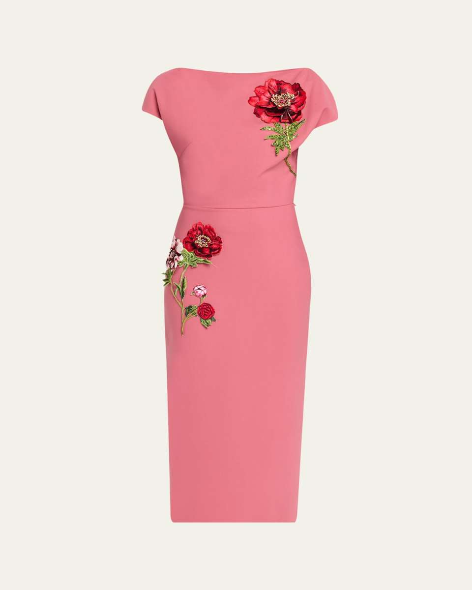 Floral Embroidered Short-Sleeve Wool Midi Dress